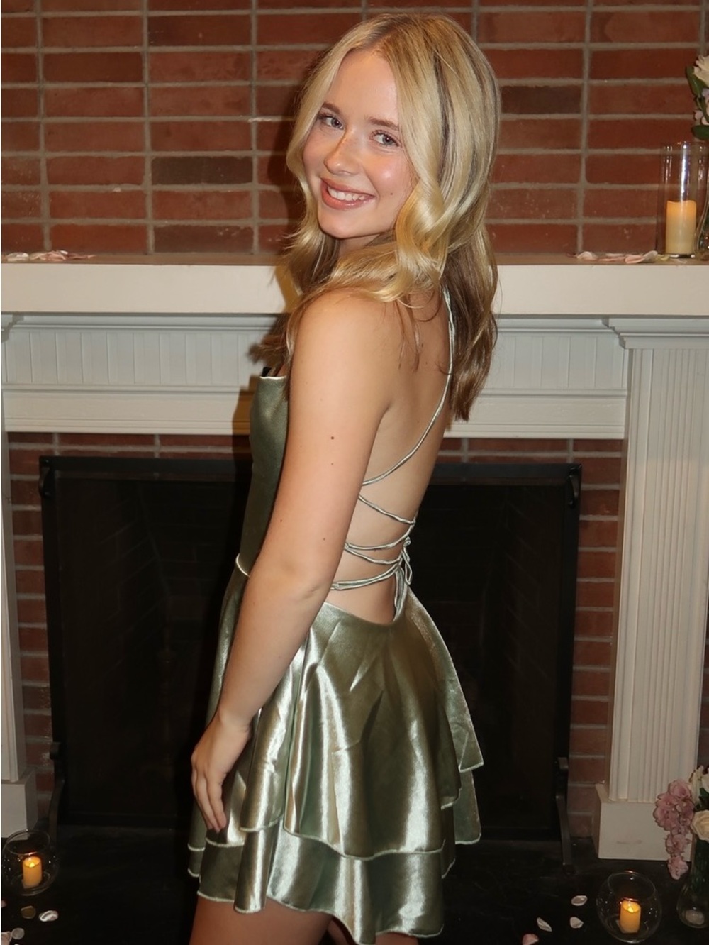 Satin Strappy Back Sage Green Party Dress size small